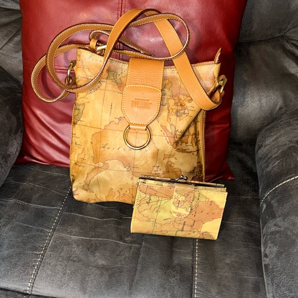 Alviero Martini Handbags - Alviero Martini 1A Classe Geo World Map Shoulder Bag Purse Coated Canvas Leather